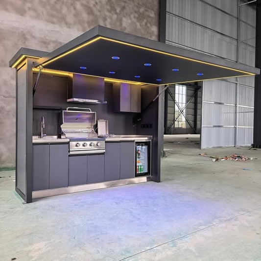 Modular Outdoor Kitchen Pod, Prefab Outdoor Kitchen Kits with Roof Sink Burners Storage Cabinet, Outdoor Backyard BBQ Cooking Station Island