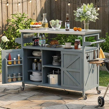 Merax 50" Outdoor Kitchen Grill Cart Island on Wheels with Stainless Steel Top,Farmhouse Style Solid Wood Frame Storage Cabinet