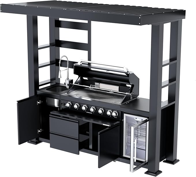 94-Inch 6-Burner 85000 BTU Stainless Steel Natural Gas Grill Outdoor Kitchen Island with Canopy,684Sq.In Cooking Area,Wine Cooler,Refrigerator,Rotisserie,For Backyard BBQ,Black
