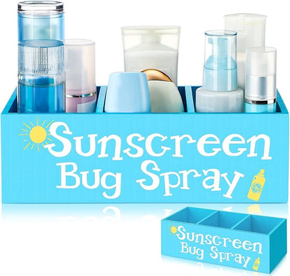 CroBlissful Sunscreen Bug Spray Storage Basket Blue Summer Wooden Box with 3 Compartments Toilet Tank Tray for Indoor Outdoor Swimming Pool Decor Sunblock Sunglasses Beach Pool Toy Storage Box