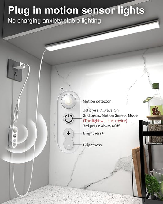 ASOKO Motion Sensor Dimmable Led Under Cabinet Lighting,16 inches Plug in Led Counter Light Bars, Cool White 6000K Light Bar for Kitchen/Closet/Wardrobe/Shelf/Desk/Display Case