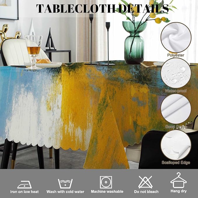 Swono Abstract Painting Table Cloth Sun Ball Yellow Turquoise Rectangle Tablecloth Picnic Table Cover BBQ Table Cloths Polyester for Kitchen Parties Patio and Camping 50x72 Inch