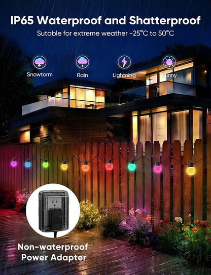 Smart Outdoor String Lights 100ft, RGBW Patio Light with 50 LED Bulb | IP65 Waterproof, 111 Scene Modes, Dimmable Warm White, Individual Control, Outdoor Patio Lights Compatible with Alexa, Google