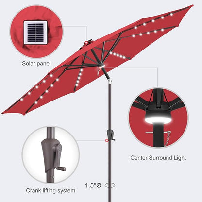 Solar Patio Umbrella with Centre Light, 9 ft Red | 40 LED Lights, UV Protection, Solar Outdoor Umbrella for Porch, Deck, Pool, Table, Garden, Provides Evening Lighting