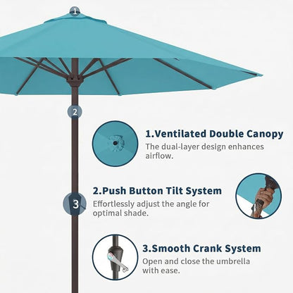 9FT Patio Umbrella Outdoor Table Umbrella w/Push Button Tilt and Crank, 8 Sturdy Ribs, UV Resistant Waterproof Market Umbrella for Pool, Deck, Backyard, Garden, Sky Blue