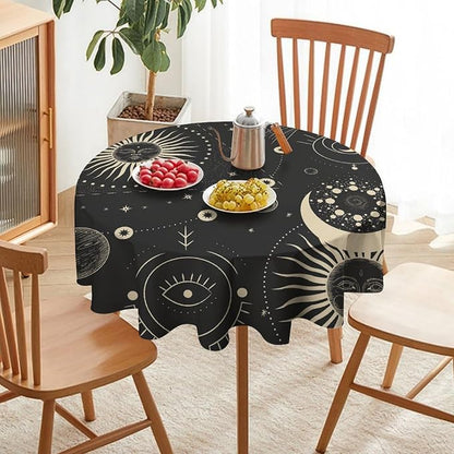 Sun Moon Round Tablecloth Boho Astrology Mystical Celestial Star Crescent Galaxy Space Table Cloth Water Resistant Wipeable Table Cover for Farmhouse Picnic Party Holiday Kitchen Dinner Table 60"