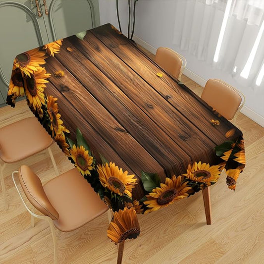 Wood Grain Sunflower Table Cloth Rectangle Tables Retro Rustic Farmhouse Brown Rectangle Table Cloth Kitchen Table Decorations for Home Dinner Party 52" x 70" 4-6 Seats