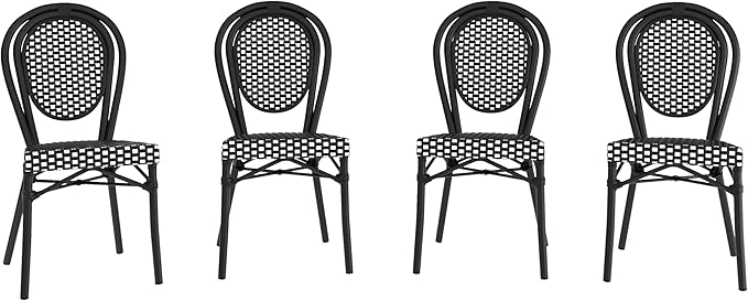 Flash Furniture Lourdes Indoor/Outdoor Commercial Thonet Bistro Stack Chair - Black/White PE Rattan Back and Seat - Black Metal Frame - Set of 4