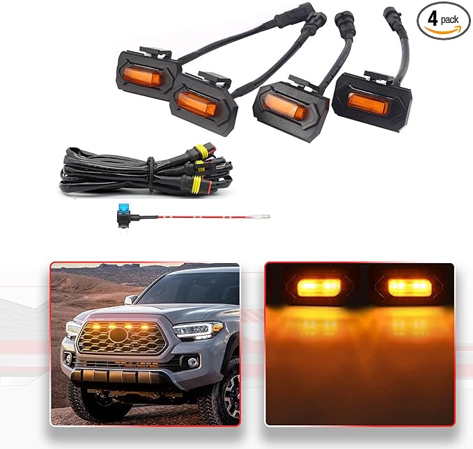 4Pcs Amber LED Grill Lights Kit for 2020-2022 Toyota Tacoma | for TRD Off-Road & Sport OEM Grille,Amber Shell, w/ Wiring Harness,Not for 2020-2021 OEM SR/SR5/Limited/TRD Pro Grilles