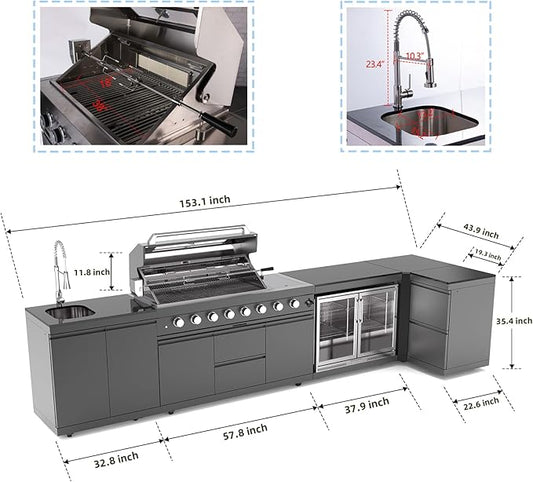 153 Inch Outdoor Kitchen Island, 96000 BTU Propane Gas Grill Combination With Refrigerator and Sink, Drawer Cabinet, Outdoor Stainless Steel Barbecue Bar, BBQ Grill for Patios, Gardens, Parties