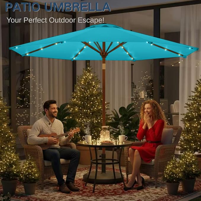 9' Solar LED Patio Umbrella with Tilt & Crank|8 Sturdy Ribs,UV Protection,Outdoor Market Table Umbrella for Deck,Lawn,Pool,Backyard(Light Blue)
