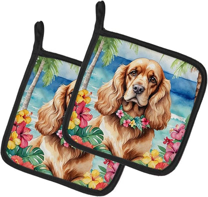 Caroline's Treasures Cocker Spaniel Luau Pair of Pot Holders Kitchen Heat Resistant Pot Holders Sets Oven Hot Pads for Cooking Baking BBQ, 7 1/2 x 7 1/2
