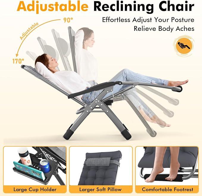 Slendor Oversized Zero Gravity Chairs XL, 29in Recliner Chair, Dark Grey | Reclining Lounge Chair, Folding Anti Gravity Chairs w/Aluminum Alloy Lock, Removable Cushion&Headrest, 440lbs, for Lawn Patio