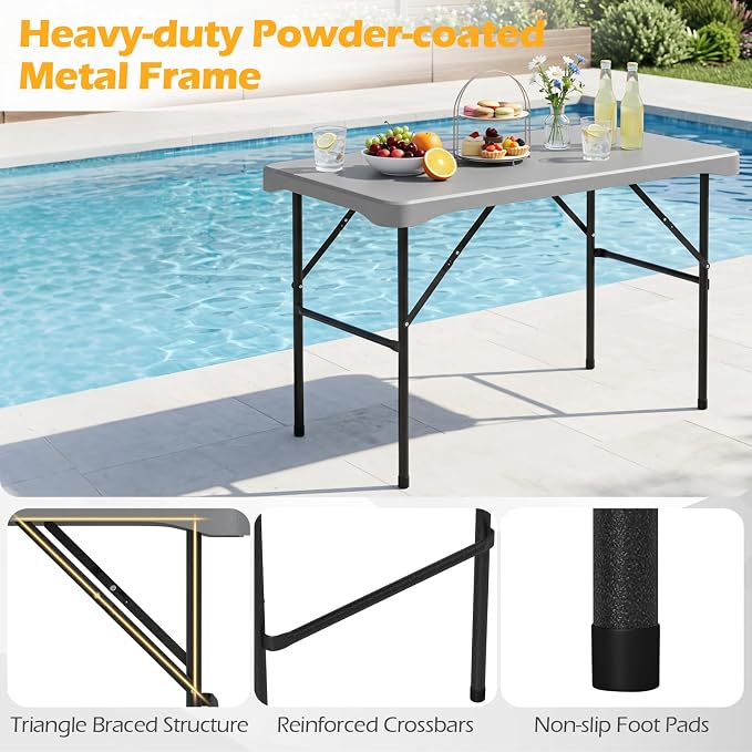 GIANTEX Folding Picnic Table Set w/ 2 Benches, 44" HDPE, Gray | Foldable Table & Chairs, All Weather Resistant, Space-Saving & Portable for Camping Party Dining BBQ, Large Weight Capacity
