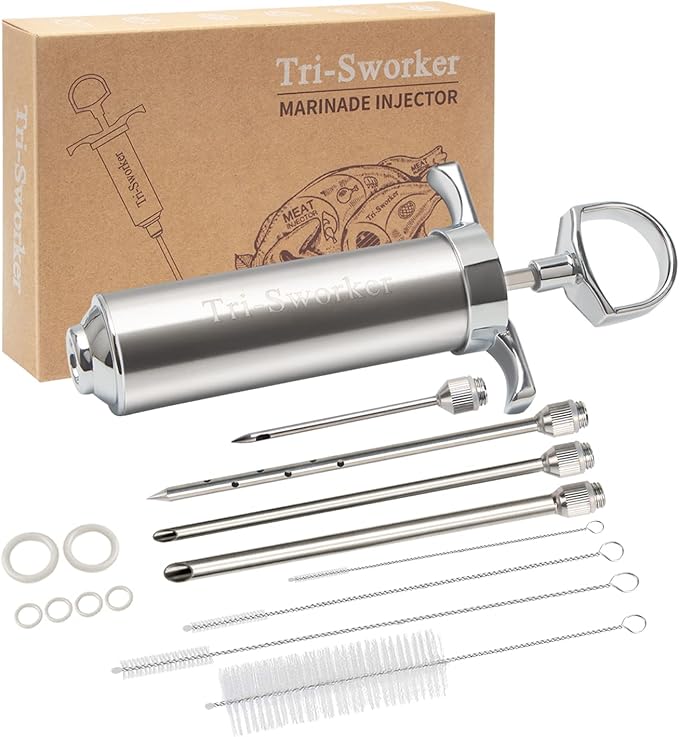 Tri-Sworker Meat Injector Syringe for Smoking with 4 Marinade Flavor Food Injector Needles, Ideal to Injector Marinades for Meats, Turkey, Brisket, Beef; 2-OZ Capacity