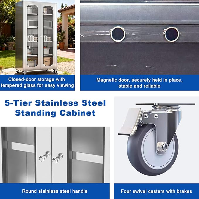 ZZV 68" Tall Stainless Steel Storage Cabinet with Wheels, Fully Assembled 5-Tier Kitchen Pantry Cabinet with Glass Doors for Garage, Utility Room, Laundry Room, Restaurant, Cafe, and Outdoor