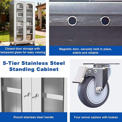ZZV 68" Tall Stainless Steel Storage Cabinet with Wheels, Fully Assembled 5-Tier Kitchen Pantry Cabinet with Glass Doors for Garage, Utility Room, Laundry Room, Restaurant, Cafe, and Outdoor