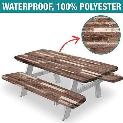 Wood Grain Picnic Table & Benches Cover, Floor Textured Planks Panels Rustic Hardwood, 28x72 Inch, 3-Piece Set, Elastic Edged Table Cover for Travel Christmas Picnics Parties Outdoor