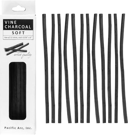 Pacific Arc Artist Vine Charcoal, Soft, Black 12 Pieces, Artist Vine Charcoal Sticks, Extra Soft and Smooth Drawing Charcoal