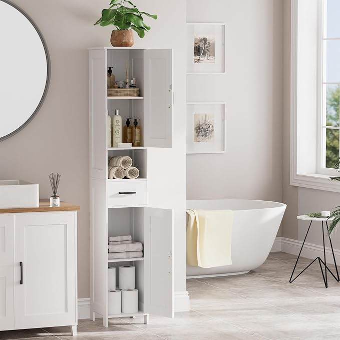 Homhedy 67" H Tall Bathroom Storage Cabinet with Barn Doors and Drawer | Narrow Storage Unit with Adjustable Shelves, Floor Cabinet for Bathroom, Living Room, Entryway or Kitchen, White, 11.8" W