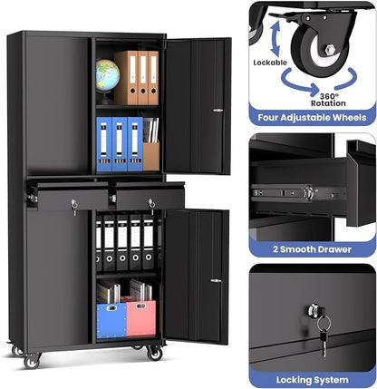 Metal Storage Cabinet, 73'' with Wheels, Lockable Doors, 2 Drawers, and Adjustable Shelves for Garage, Workshop or Office - Black