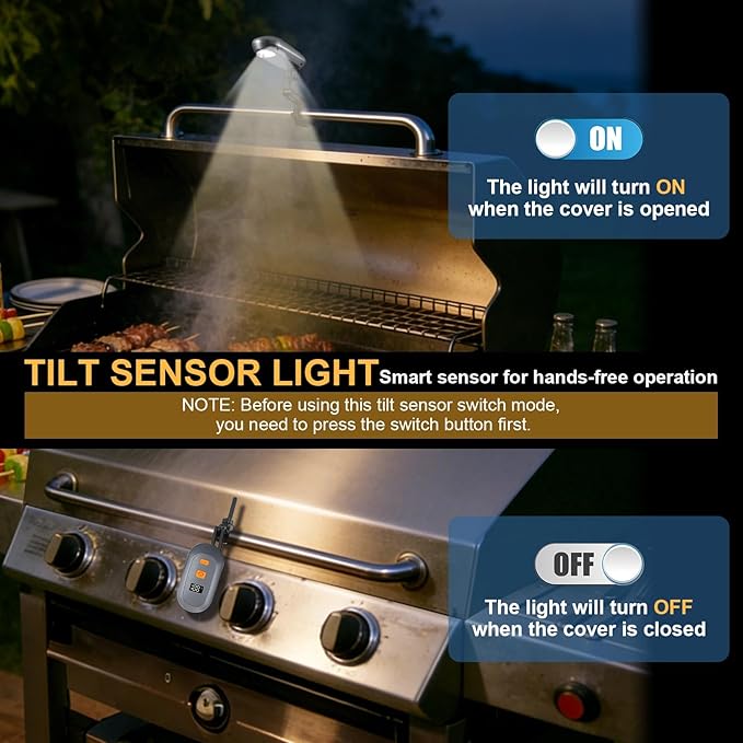Grill Light for Outdoor, Fathers Day Dad Gifts for Men, Rechargeable Automatic On/Off Tilt Sensor BBQ Light for Blackstone Griddle Weber Grill, 360° Adjustable Universal Bracket, Grilling Accessories