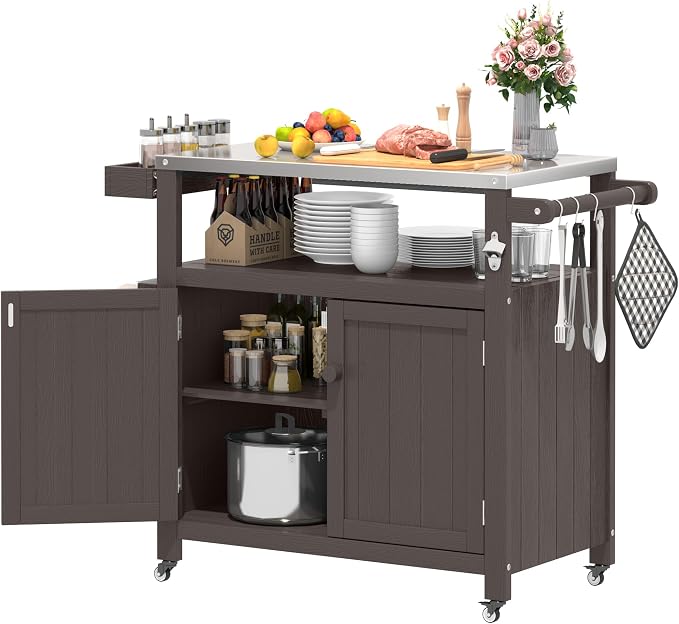 Weatherproof HIPS Outdoor Kitchen Island with Stainless Steel Top & Storage Cabinet, Movable Prep Table with Wheels for BBQ Food Prep, Outdoor Grill Cart for Parties, Cocoa Brown