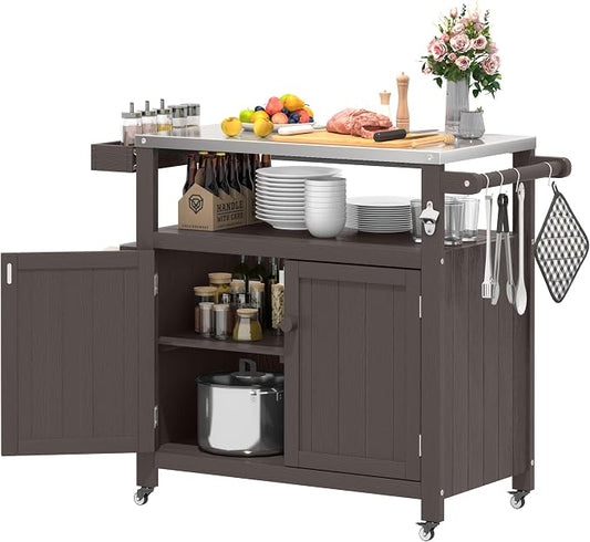 Weatherproof HIPS Outdoor Kitchen Island with Stainless Steel Top & Storage Cabinet, Movable Prep Table with Wheels for BBQ Food Prep, Outdoor Grill Cart for Parties, Cocoa Brown