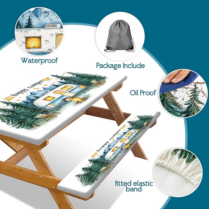 Picnic Table Cover with Bench Covers Elastic Edges, Happy Camper Fitted Table Cover, Outdoor Patio Camping Essentials 3PCS, Waterproof Camping Fitted Tablecloth with Drawstring Bag 60in White
