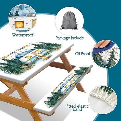 Picnic Table Cover with Bench Covers Elastic Edges, Happy Camper Fitted Table Cover, Outdoor Patio Camping Essentials 3PCS, Waterproof Camping Fitted Tablecloth with Drawstring Bag 96in White