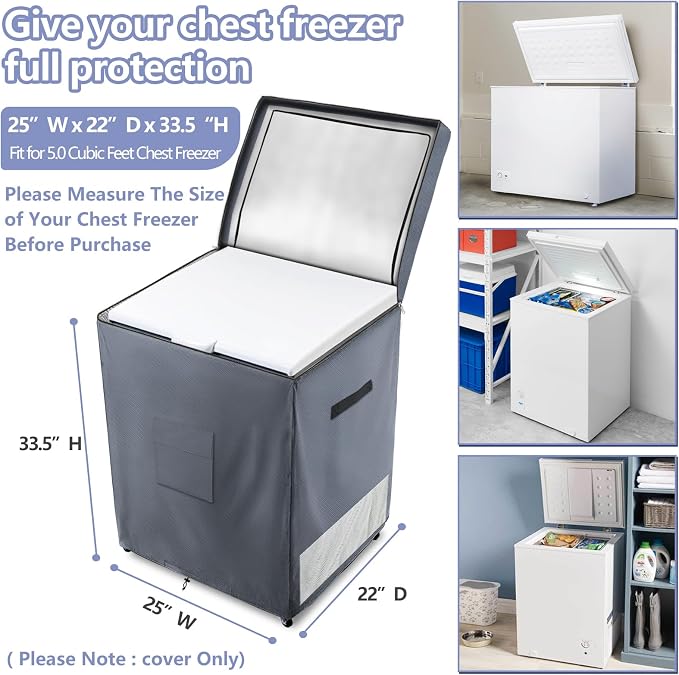 Deep Freezer Covers for Outside,Heavy Duty 600D Durable Chest Freezer Cover Waterproof,Outdoor Freezer Covers for Outside 5.0 Cubic Feet Chest Freezer,Top Can Be Opened(25"W x 22"D x 33.5"H,Grey)