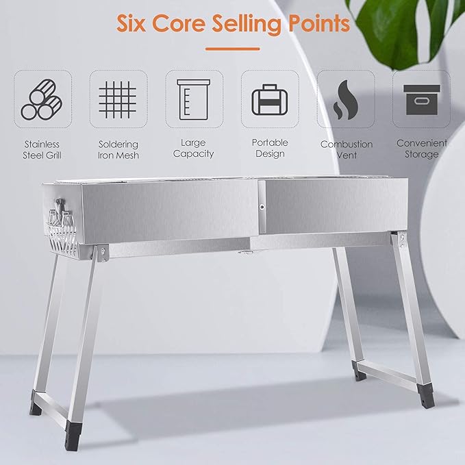 Portable Charcoal Grill, Foldable Suitcase BBQ Grill for Camping & Outdoor Barbecue, Height Adjustable Camping Grill with Accessories, Large Capacity Barbecue Fire Pit for Patio and Family Gathering,