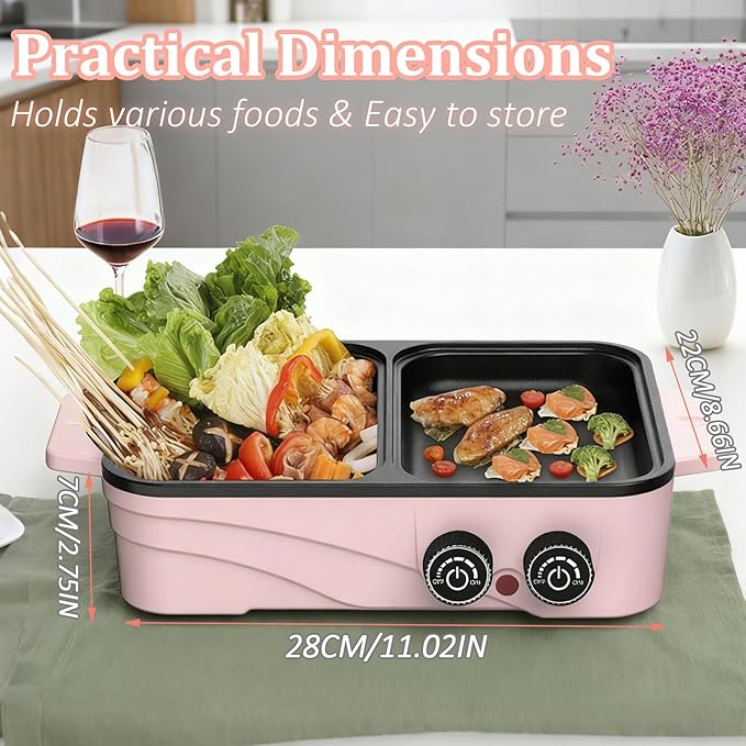 Hot Pot Electric with Grill, 2-in-1 Nonstick Korean BBQ Grill Indoor Smokeless Hotpot Pot Electric Cooker Sahabu Shabu Pot, Independent Dual Temperature Control