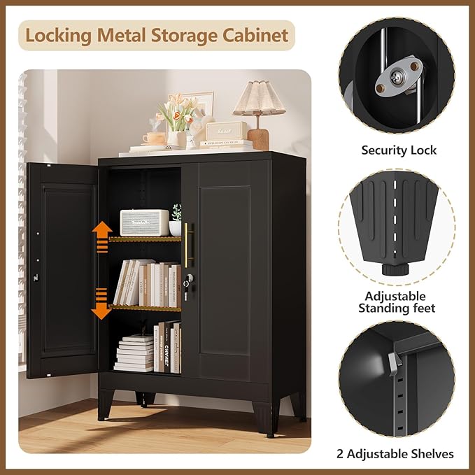 GAIOUS Black Metal Pantry Cabinet with Lock(Two Units), Sideboard Buffet Storage Cabient with Doors and 2 Adjustable Shelves, Multifunctional Kitchen Cupboard for Home Office, Buffet Table