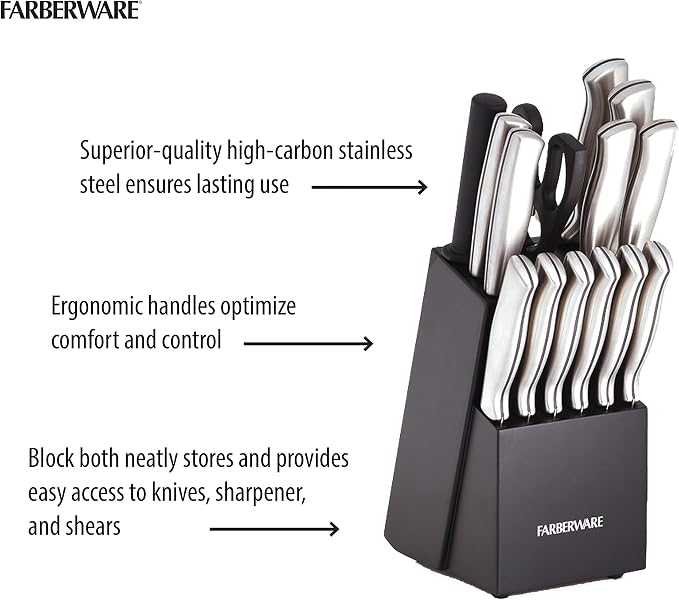Farberware 15-Piece Kitchen Knife Set, High-Carbon Stainless Steel Blades with Wood Block, Steak Knives, Sharpening Tool & All-Purpose Shears, Razor Sharp, Ergonomic Stainless Steel Handles