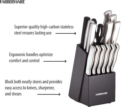 Farberware 15-Piece Kitchen Knife Set, High-Carbon Stainless Steel Blades with Wood Block, Steak Knives, Sharpening Tool & All-Purpose Shears, Razor Sharp, Ergonomic Stainless Steel Handles