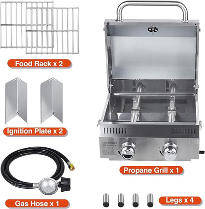 Llamaviva Tabletop Propane Gas Grill, 2 Burner 20,000 BTU Stainless Steel Portable BBQ Grill, Compact Outdoor Grill for Camping, RV, Patio, Tailgating, Picnic, Backyard Cooking