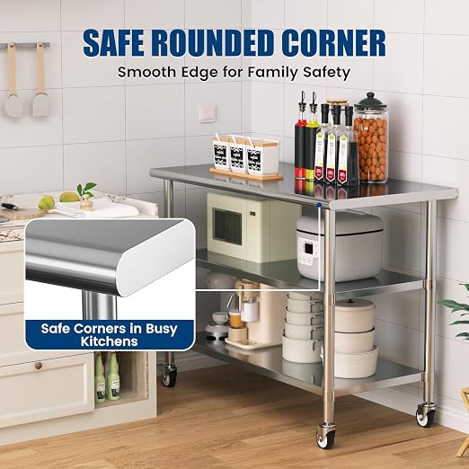 Stainless Steel Work Table with Wheels, 24x60 Inch NSF Kitchen Prep Table with 2 Adjustable Undershelves for Commercial Restaurant, Garage, Outdoor BBQ