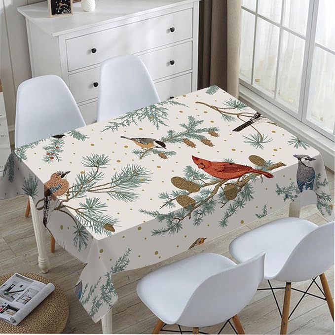 TKS MITLAN Winter Birds Tablecloth Decor Pine Tree Tit Robin Jay Bullfinch Bluebird Cardinal Pine Cones Berry Table Cloth Dining Room Kitchen Table Cover 60" X 84" Oblong/Rectangle