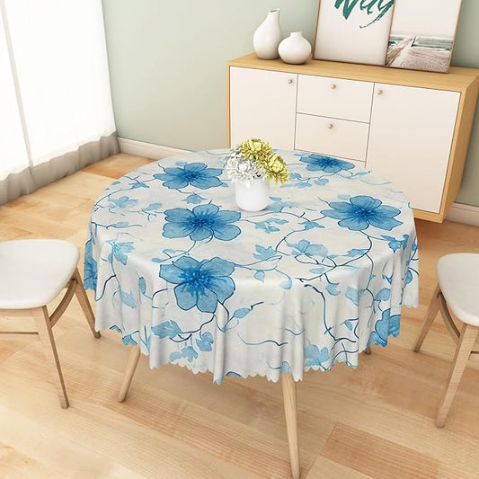 Blue Flower Round Tablecloth Perfect for Spring Home Decor 60x60 Inch Blooming Floral Washable Table Cover Watercolor Rustic Circle Table Cloth Dust-Proof for Farmhouse Decor Buffet Picnic
