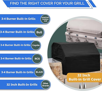 Covers & All Built-in Grill Cover for Outdoor Grill – Heavy Duty 12 oz Waterproof Built-in BBQ Grill Cover, PVC-Coated Polyester with Elastic Hem for Snug Fit (32 x 26 x 24 inches, Black)