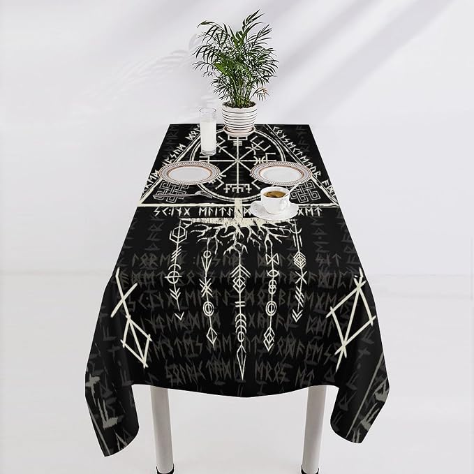 Vintage Viking Pattern Tablecloth, Gothic Helm of Terror Scandinavian Viking Seasonal Table Cloth Waterproof Wipeable Table Cover for Picnic Holiday Party Kitchen Dining 55x55