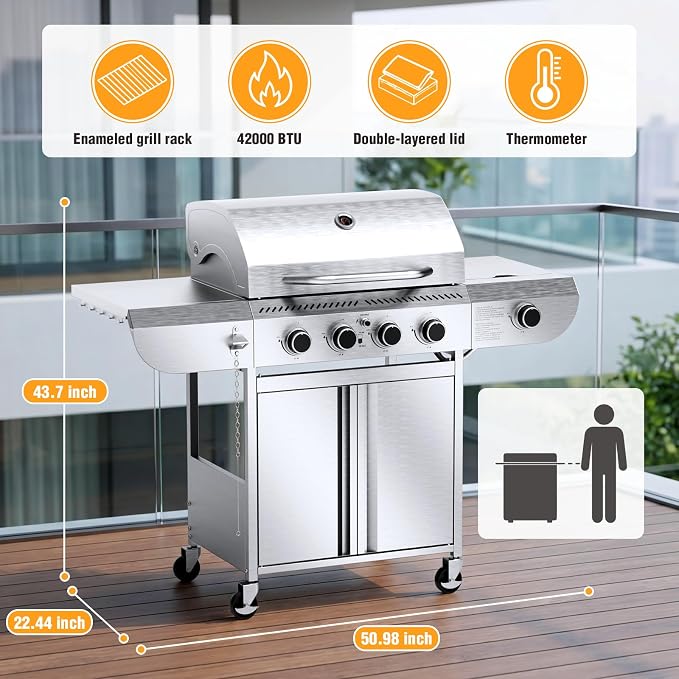 Electactic Stainless Steel 4-Burner Gas Grill with Side Burner – 42000BTU Propane BBQ Grill with Thermometer, Heavy-Duty Grill for Outdoor Patio and Backyard Cooking