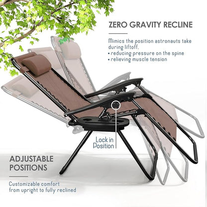 Nestl Zero Gravity Chairs Set of 2, Patio Lounge Chair Outdoor with Pillows & Cup Holder Trays, Adjustable Steel Mesh Reclining Camping Chair, Folding Patio Lawn Chair for Deck, Beach, Yard - Brown