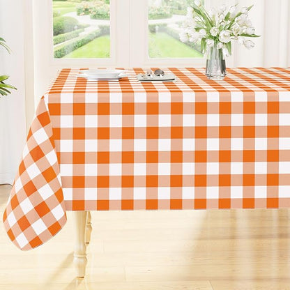Smiry Picnic Table Cloth, Vinyl Tablecloths with Flannel Backing, 52"x70" | Waterproof Rectangle Table Cloth, Wipeable Buffalo Plaid Table Cover for Indoor and Outdoor (Orange & White)