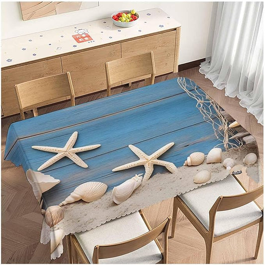 52x70 Inch Tablecloth Starfish Seashell, Beach Seashells Fishnet Rustic Wood Non-Fading Table Covers Kitchen Dinning Tabletop Decoration, Washable Table Cloth for Outdoor and Indoor Use
