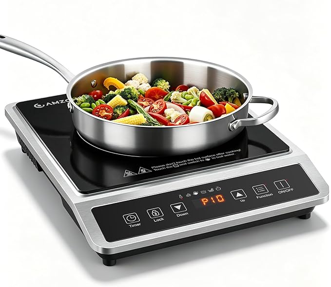 AMZCHEF 1800W Induction Cooktop Commercial: Large 8" Heating Coil Induction Burner with 20 Power & Temperature Levels, Induction Hot Plate with 4 Smart Functions, Induction Stove for Home & Commercial