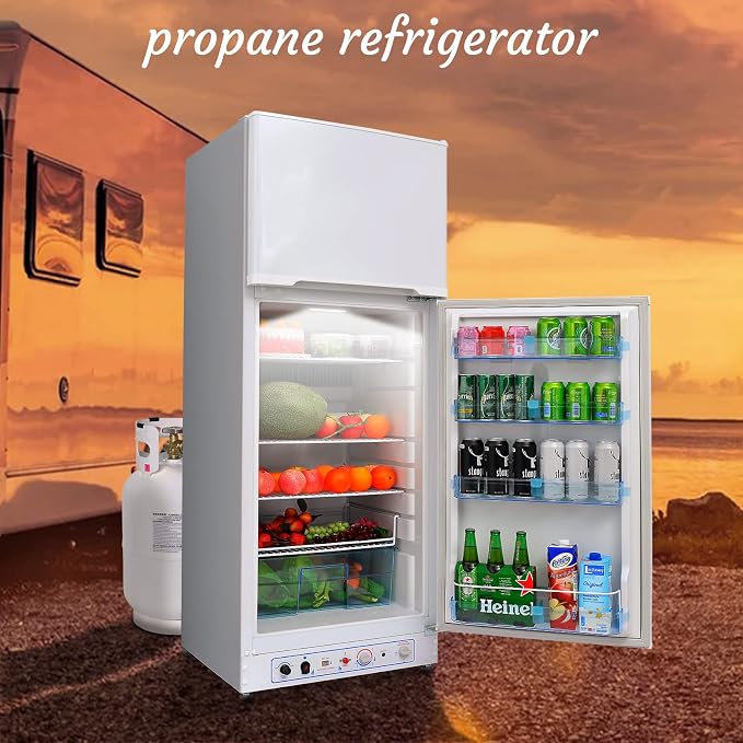 SMETA Propane Refrigerator, 2-Way Fridge with Freezer 9.4 Cu.Ft, 110V/Gas LPG Large Storage Refrigerator for Off-Grid, RV, Garage, Outdoor, Apartment Size, Reversible Door, Ultra-Quiet, White