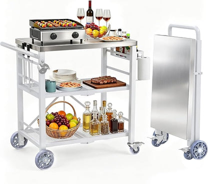 Folding Grill Table with Storage Rack, Stainless Steel Outdoor BBQ Cart, 3 Shelf Portable Grill Cart, Outdoor Kitchen Island and Pizza Oven Table for Blackstone Griddle