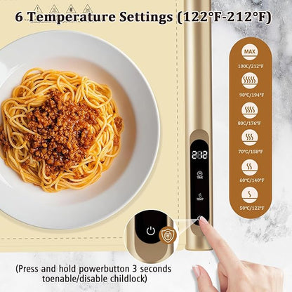 Newise Upgrade Graphene Warming Mat for Food, Electric Warming Tray Rapid Heating with 6 Temps &Timer Settings, Portable Food Warming Mat for Countertop Buffets Party, Beige